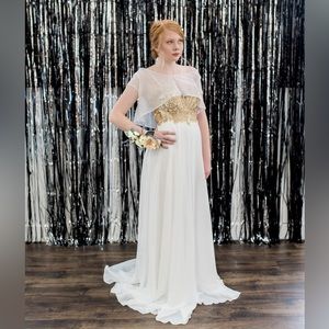 White and gold lace and chiffon gown- Dave and Johnny size 8